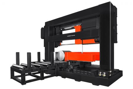 Vista traseira da máquina de serra de fita automática tipo coluna horizontal para corte de metal NC